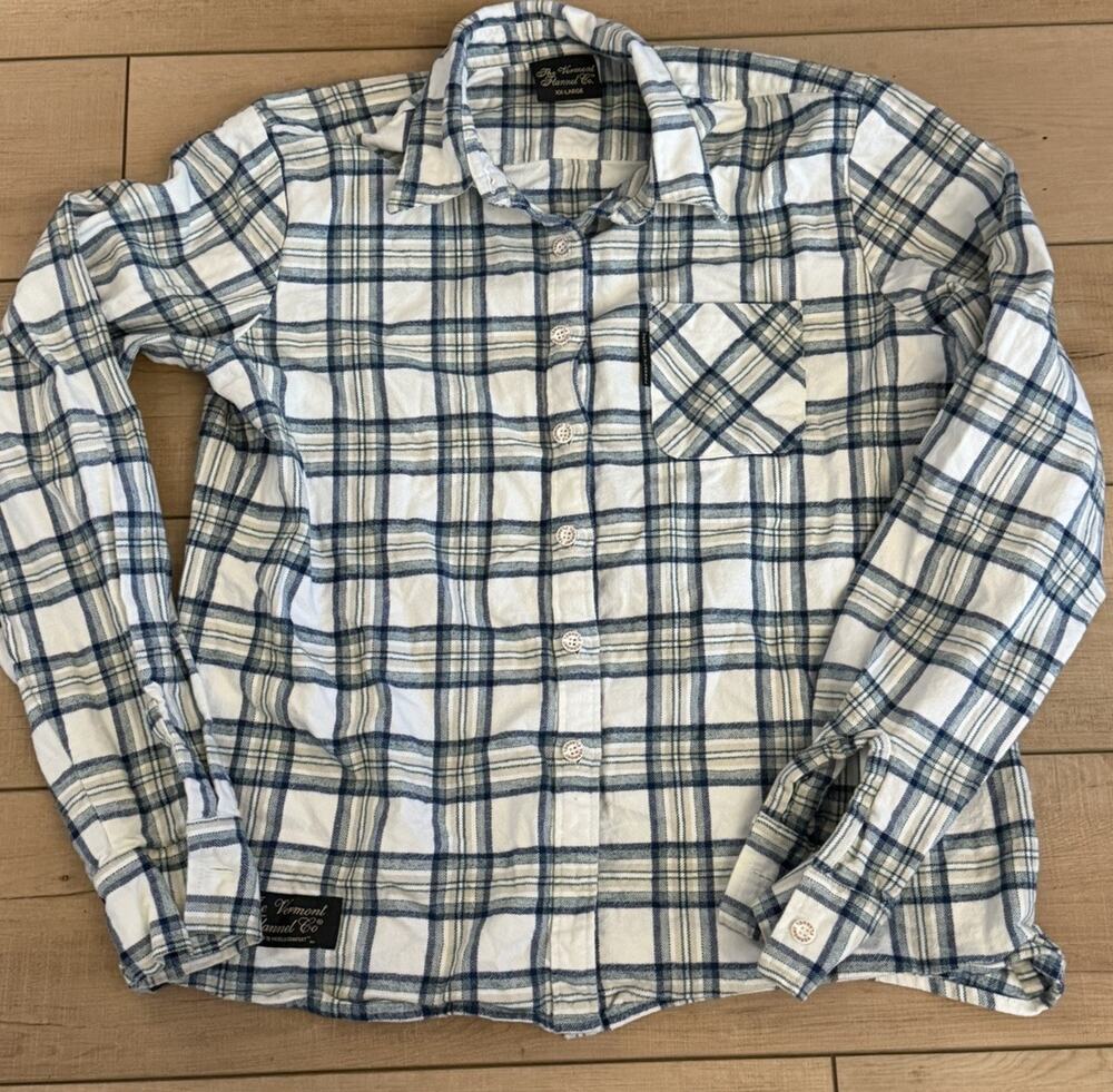 The Vermont Flannel Co Organic Cotton Plaid Button Shirt USA XXL Blue White